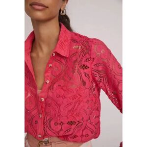 Anthropologie Womens Lace Button Down Sz 4 Pink Preppy Office Bright Colorful